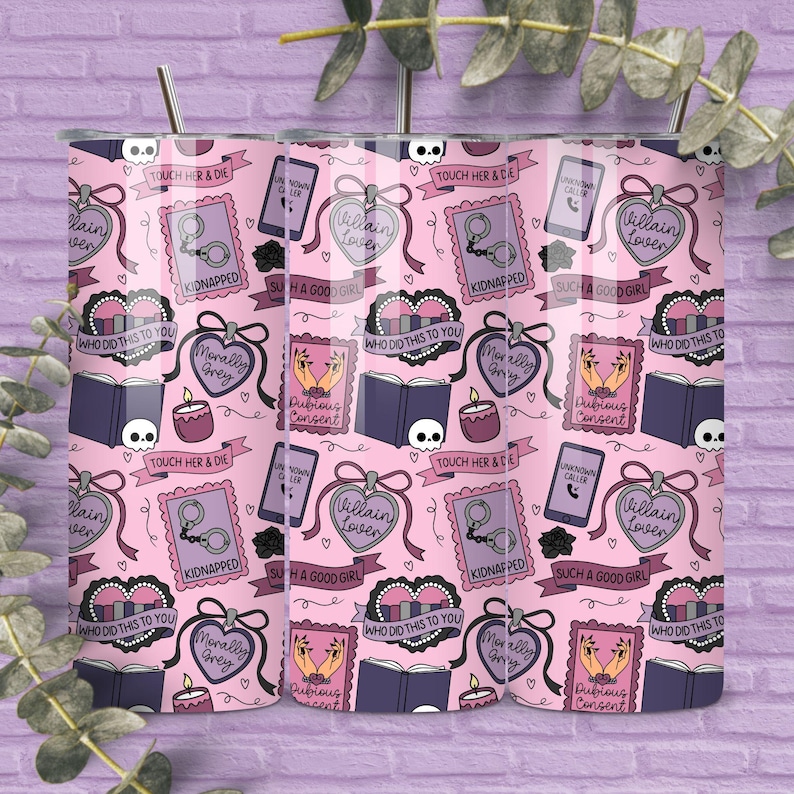 May include: A pink tumbler with a repeating pattern of hearts, books, handcuffs, and the phrases "Villain Lover," "Kidnapped," and "Morally Grey." The tumbler includes a silver straw and lid.