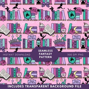 May include: Seamless fantasy pattern featuring bookshelves with books, potions, and fantasy-themed elements. Includes bats, roses, shields, and text like "Fated Mates" and "Choose your Quest" on a pink background. Instant download.