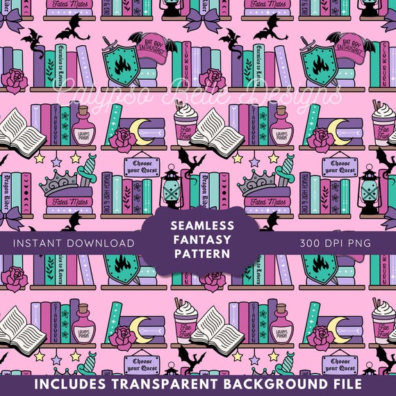 Fantasy Romance Seamless Pattern: Romantasy png, Bookish Pattern, Coquette Dragons, Enemies to Lovers, Morally Grey, Romance Reader Pattern