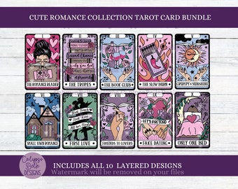 May include: A set of ten illustrated tarot cards with a romantic theme. The cards feature a variety of scenes and characters, including a couple reading a book, a couple holding hands, and a couple sleeping in bed. The cards are all in a pastel color palette and have a whimsical, cute style.