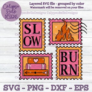 May include: Four pink and orange postage stamp-shaped designs with the words "SLOW BURN" in black letters. The stamps are layered on top of each other, with a flame design in the top right corner and a stack of books with a heart on top in the bottom left corner.