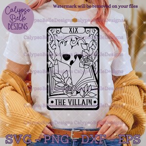 May include: A black and white illustration of a tarot card with the number XIX and the text "THE VILLAIN". The card features a skull with a crown and a book with roses.