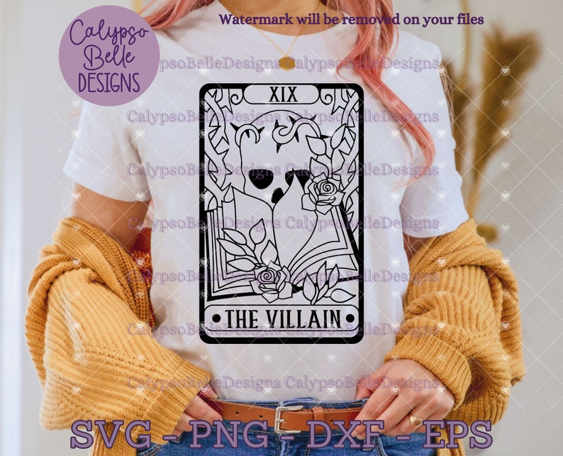 May include: A black and white illustration of a tarot card with the number XIX and the text "THE VILLAIN". The card features a skull with a crown and a book with roses.