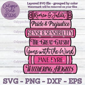 May include: A stack of six pink books with black outlines and white text. The titles of the books are "Romeo & Juliet", "Pride & Prejudice", "Sense & Sensibility", "The Great Gatsby", "Gone with the Wind", and "Jane Eyre". The bottom book is a larger pink book with black outlines and white text that says "Wuthering Heights".