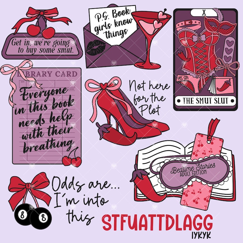 May include: A collection of illustrated stickers and graphics with a purple background. The designs include a high-heeled shoe, a martini glass, a tarot card, a book, and text that reads "Get in, we're going to buy some smut."