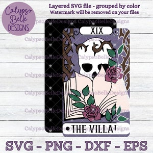 May include: A tarot card with a purple background and a skull with a book in front of it. The card is labeled "XIX" and "THE VILLAIN".