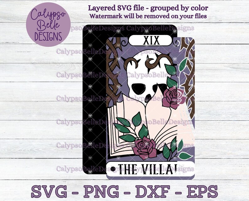 May include: A tarot card with a purple background and a skull with a book in front of it. The card is labeled "XIX" and "THE VILLAIN".