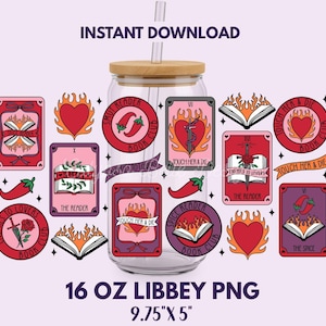 May include: A clear glass Libbey cup with a wooden lid and straw, surrounded by various red and pink tarot card designs, hearts, chili peppers, and book graphics. Text includes "Instant Download", "Smut Reader Book Club", and "16 oz Libbey PNG", with dimensions of 9.75" x 5".