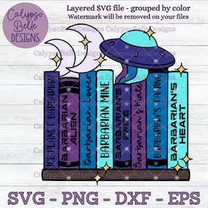 May include: A stack of blue, purple and teal books with titles that include "Barbarian" and "Alien". A purple and blue spaceship with a white crescent moon and stars above the books.