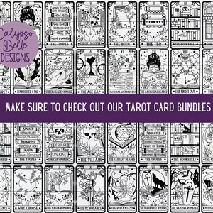 May include: Black and white tarot card illustrations with book and literary themes. The cards feature titles such as "The Bookshelf", "The Tropes", "The Night Owl", and "The Kindle".