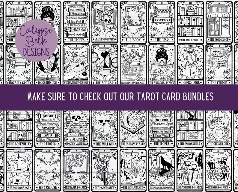 May include: Black and white tarot card illustrations with book and literary themes. The cards feature titles such as "The Bookshelf", "The Tropes", "The Night Owl", and "The Kindle".