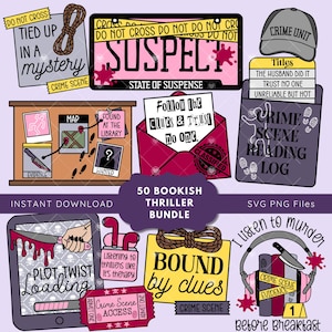 May include: A collection of digital graphics with a crime scene theme. Includes a license plate that says "SUSPECT", a notepad with "CRIME SCENE READING LOG", and a tablet with "PLOT TWIST LOADING". Also includes a sign that says "BOUND by clues".