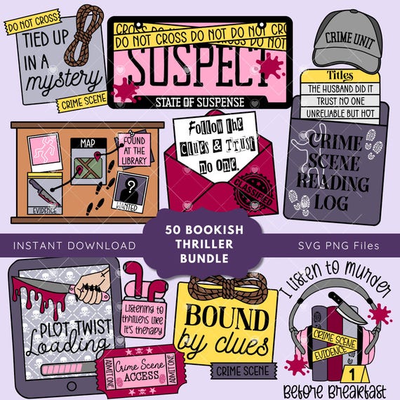 Thriller Book Lover SVG Bundle: Murder Mystery PNG, True Crime, Psychological Thriller, Cozy Mystery Svg, Bookish Bundle, Serial Killer