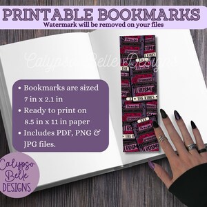 May include: Printable bookmark design with a purple and red color scheme. The bookmark features text such as "Praise", "DSM", and "The Kinks". The bookmark is 7 inches by 2.1 inches and ready to print on 8.5 x 11 inch paper.