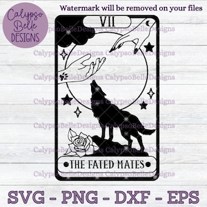May include: Black and white tarot card illustration featuring a wolf howling at the moon with a hand reaching out to it. The card is labeled "VII THE FATED MATES".