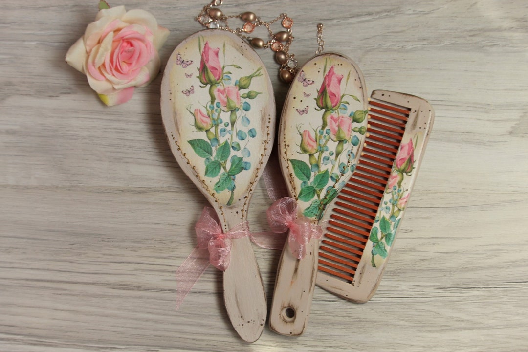 Vintage Dressing Table Set, Hairbrush and Wooden Mirror, Hand Painted