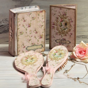 Wooden Hairbrush Mirror and Box, Vintage Vanity Table Set with Card, Dressing Table Set, Victorian Hairbrush, Antique Mirror, Victorian Set