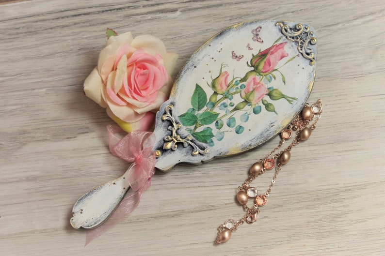Shabby Hand Mirror, Vintage Hand Mirror, Retro Hand Held Mirror