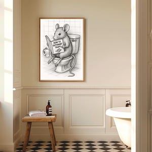 Quirky Mouse Bathroom Art – Funny Rat Reading on Toilet – Humorous Wall Print for Restroom Decor