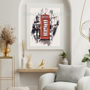 赤い電話ボックス ロンドン 水彩画：イギリス旅行アート（デジタルダウンロード）