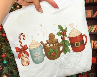 May include: White Christmas-themed pillowcase featuring festive illustrations. Designs include a candy cane, mugs of hot chocolate with whipped cream, a gingerbread man, and holly. The word "CHRISTMAS" is printed in a circle.