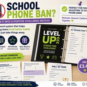 Puede incluir: Un kit de sistema de recompensas imprimible para adolescentes que incluye una carpeta negra con una portada de Level Up Screen Time Challenge, una lista de My Reward Shop y hojas de trabajo para Kindness and Responsibility, Evening Reflection y Hall of Fame.