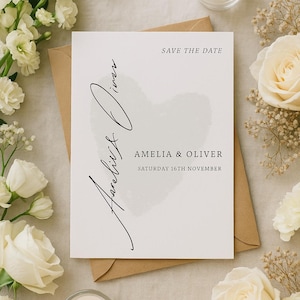 Conjunto de invitaciones de boda minimalistas con descarga digital (plantilla Canva/paquete marfil) con RSVP, reserva de fecha y detalles.