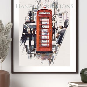 赤い電話ボックス ロンドン 水彩画：イギリス旅行アート（デジタルダウンロード）