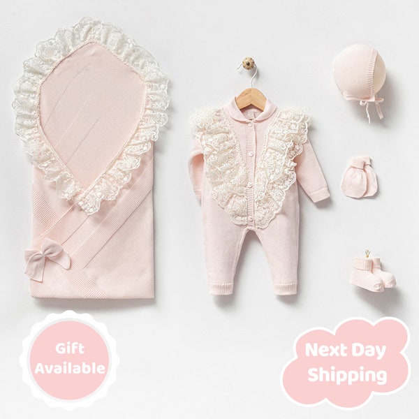 Newborn Knitted Coming Home Outfit,  New Baby Girl Go Home Outfit, New Born Knit Hospital Clothes Set, Baby Girl First Outfit, Baby Gift Set