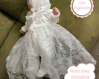 Baptism Gown for Baby Girl, Newborn Lace Christening Dress Set with Bonnet, Heirloom Blessing Outfit