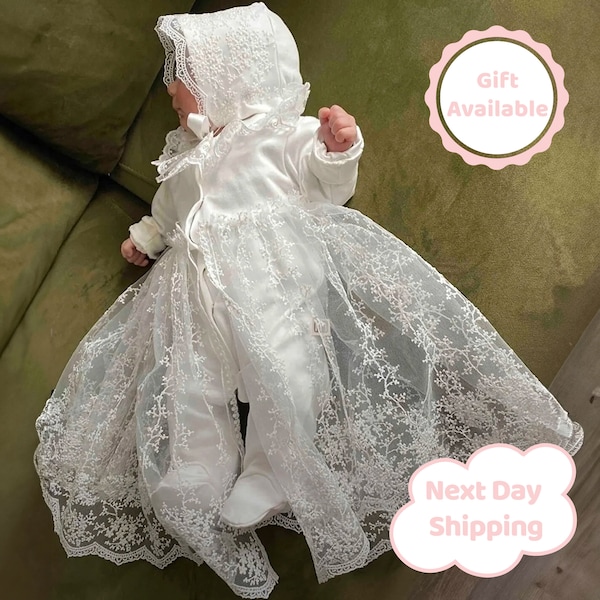 Newborn Baptism Set for Baby Girl, Newborn Baptismal Lace Gown, Baby's First Holy Dress, Baby Shower Gift for Girl, Angelic Baptism Attire