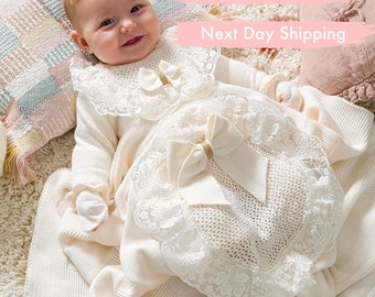 Cotton Knit Newborn Girl Coming Home Outfit: Lace Detail Gift Set