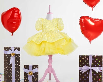 Bright Yellow Floral Tulle Birthday Gown
