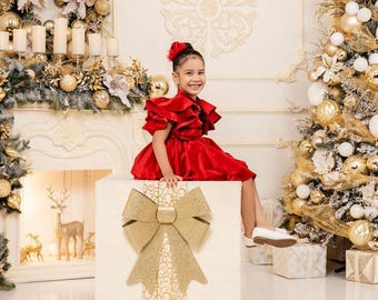 Red Velvet Christmas Dress: Holiday Outfit with Hair Bow