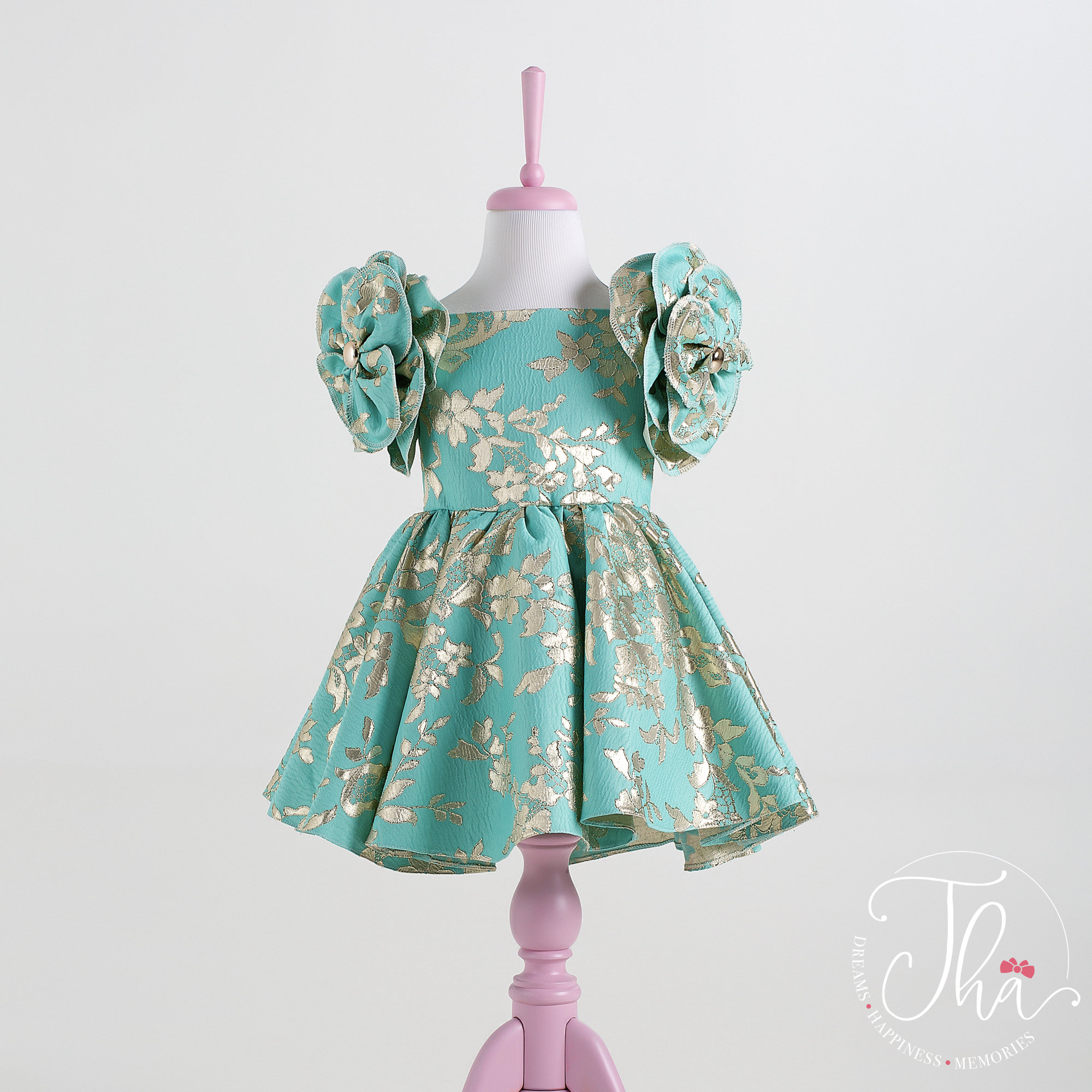 Mint Green Easter Dress: 3D Floral Brocade Outfit