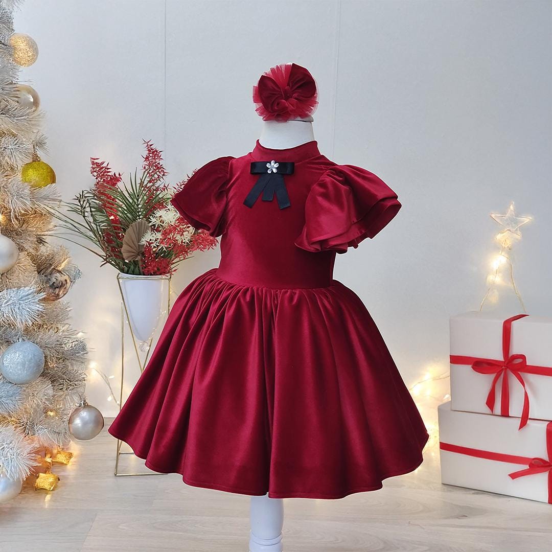 velvet bow christmas dress Red Velvet Christmas Dress: Holiday Outfit With Hair Bow