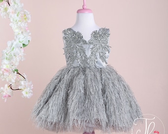 Silver Princess Dress, Handmade Feather Gown for a Toddler Girl's First Birthday and Special Day