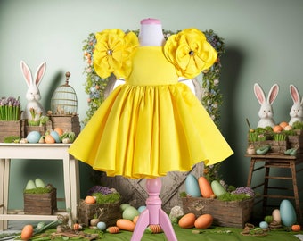 3D Floral Easter Dress for Girl, Easter Fairy Dress, Toddler Easter Dress 2024, Yellow Easter Dress, Puffy First Infant Girl Easter Dress