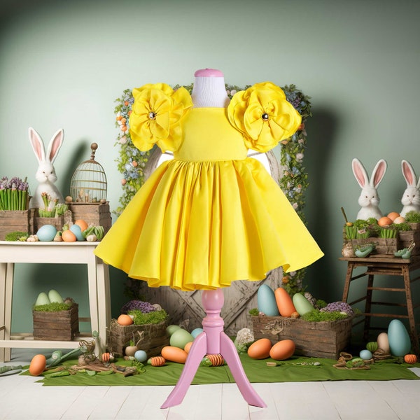 3D Floral Easter Dress for Girl, Easter Fairy Dress, Toddler Easter Dress 2024, Yellow Easter Dress, Puffy First Infant Girl Easter Dress