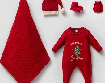 Baby's First Christmas Knit Outfit: Tree Onesie, Hat, Blanket