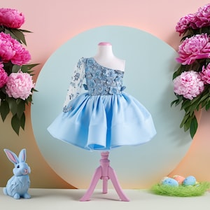 Fairy Easter Dress , Blue One Shoulder Easter Outfit, Memorable Floral Easter Outfit for Girls, Shimmering Blue Easter Dress