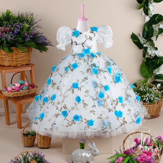 Easter Fairy Dress for Girl, Blue Floral Easter Outfits, Elegant