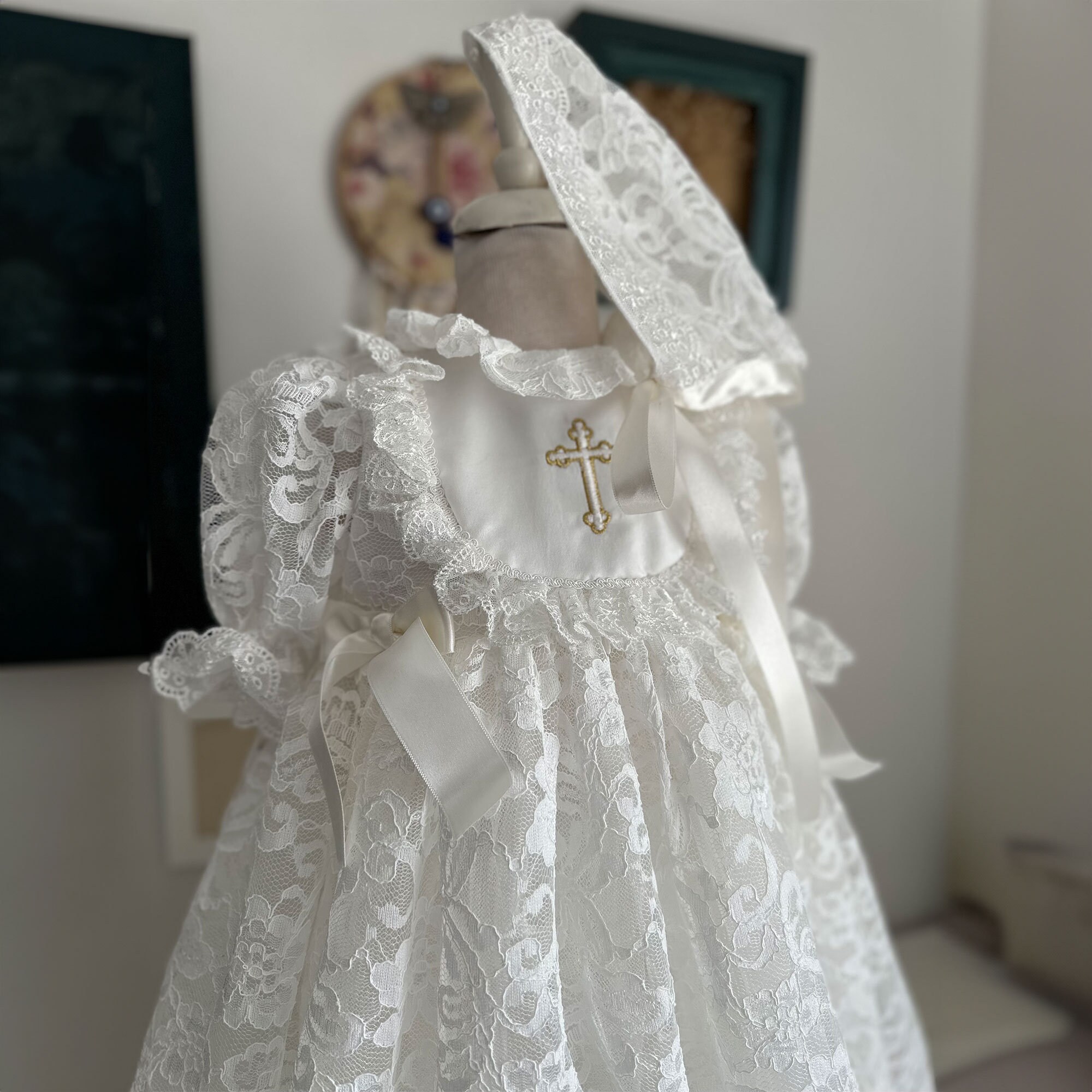 Custom couture baptism Dress carrie with lace  overlay coat