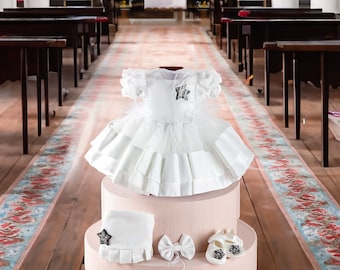 White Satin Christening Gown: Feathered Baptism Dress