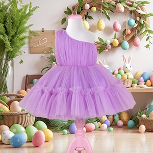 Lavender Princess Easter Dress, Magical Easter Dress in Lilac, Baby Easter Occasion Dress, One Shoulder Easter Dress, Lilac Easter Dress