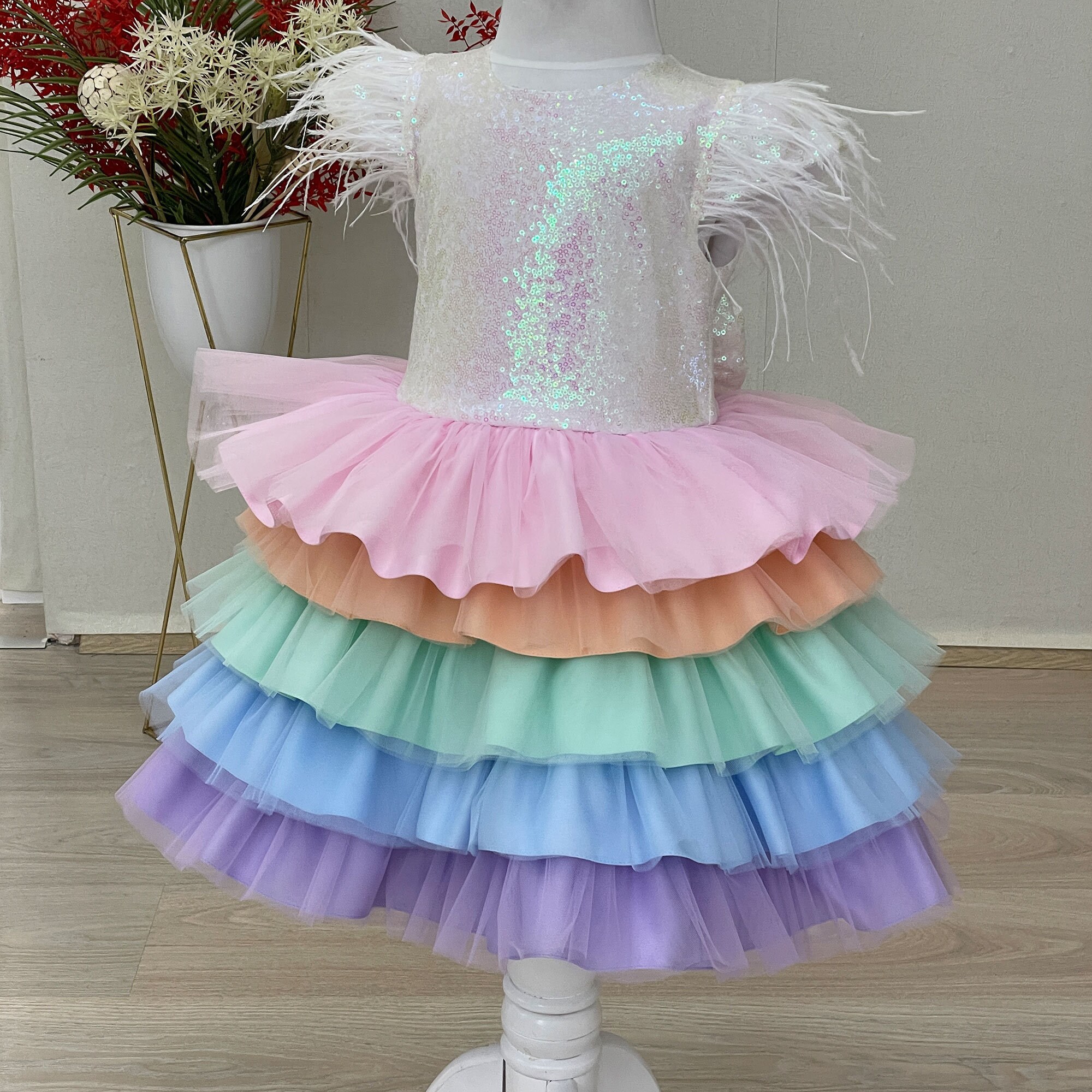 Handmade Unicorn Tutu Dress: Sparkly Sequin Rainbow Party Dress