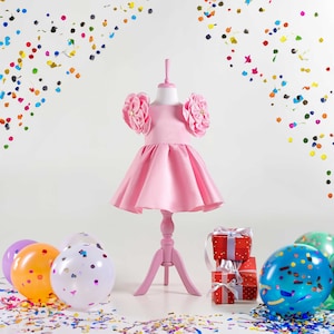 Pink Birthday Party Dress for Girls - 3D Floral Satin Outfit, Toddler Princess Dress for Special Events, Baby Birthday Gown