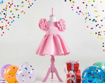 Pink Satin Birthday Dress: 3D Floral Princess Gown
