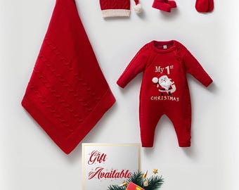 Baby's First Christmas Knit Outfit: Santa Onesie, Hat, Blanket