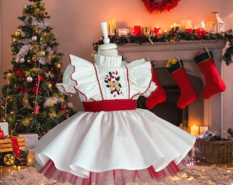 Baby Girl Christmas Dress: White Holiday Dress with Candy Cane